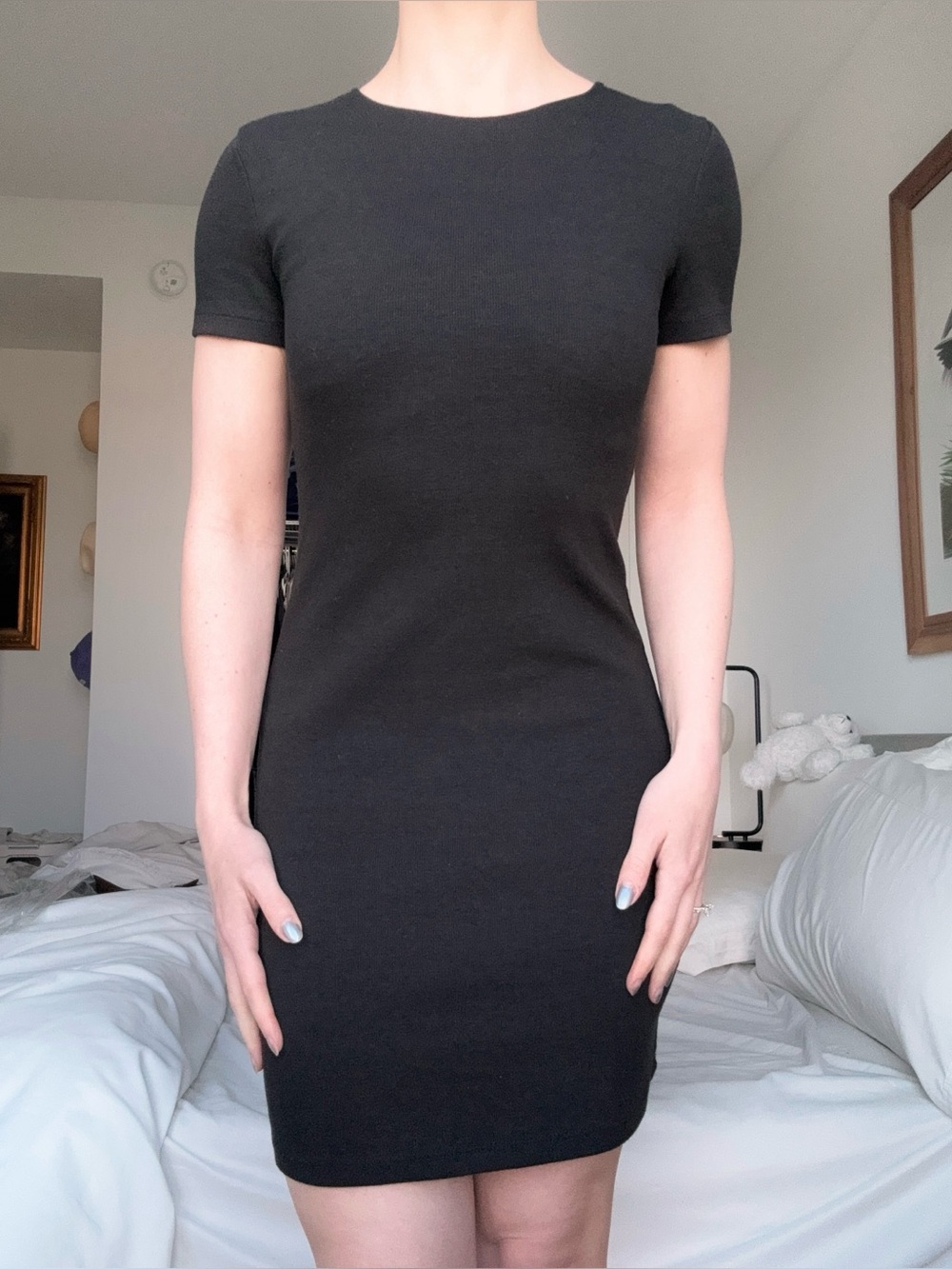 Lea & Viola Black Bodycon Dress Short Sleeve Ribbed Classic Minimalist LBD XS